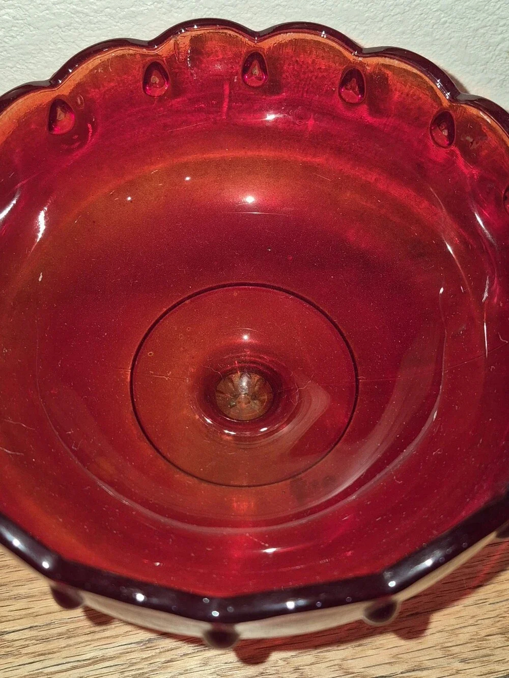Vintage Indiana Glass Tear Drop compote dish w/ a ruby red bowl w/ Scalloped Rim